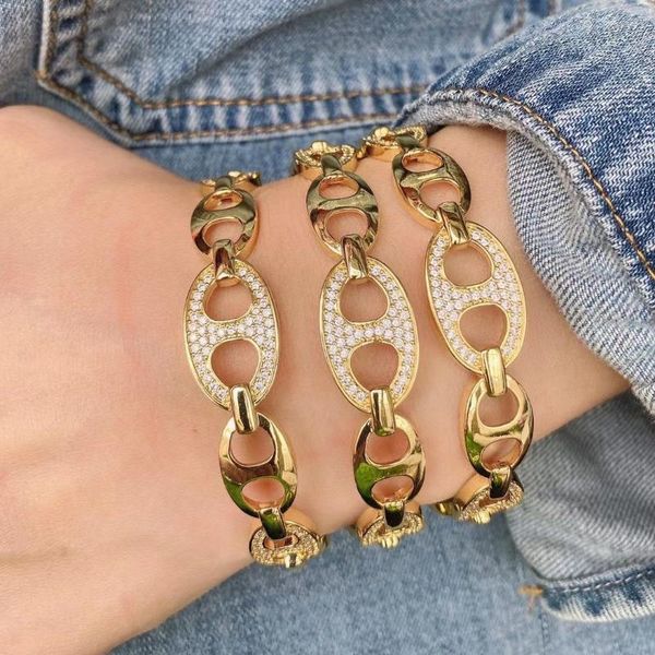 

bangle 3pcs trendy women men's charm micro crystal zircon pig nose coffee bean open cuff geometric chain jewelry, Black