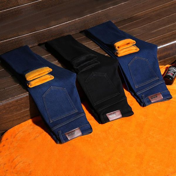 

men's jeans winter thermal warm flannel stretch mens quality brand fleece pants men straight velvet flocking trousers, Blue