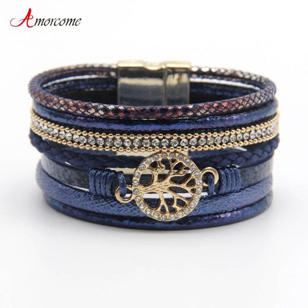 

tennis amorcome braided wrap leather bracelets for women men vintage rhinestone tree of life charm bracelet ethnic wristbands jewelry, Golden;silver