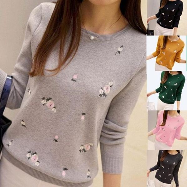 

women's sweaters women fashion floral embroidery o neck pullover knitted jersey sweater long sleeve autumn winter casual pullovers, White;black