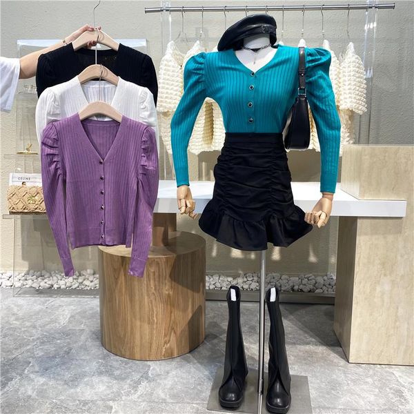 

women's knits & tees gentle v-neck single breasted knitted foreign style versatile tight elastic bubble sleeve sweater cardigan thin, White