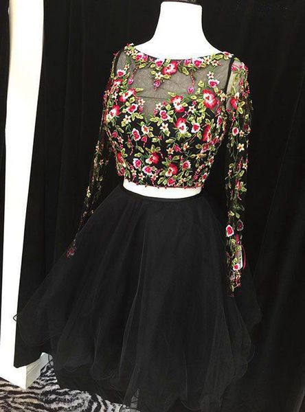 

2022 spring 3d floral flowers 2 piece short cocktail prom dress long illusion sleeves jewel sheer neck lace mini bridesmaid homecoming party, Black