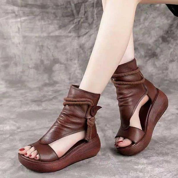 

sandals 2021 fashion women summer mid heels wedges platform shoes ladies vintage pu leather plus size mujer sapato feminino, Black