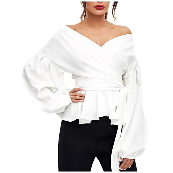 

women's blouses & shirts lantern sleeve blouse shirt women 2021 fashion korean style bow v-neck solid elegant ladies female clothing, White