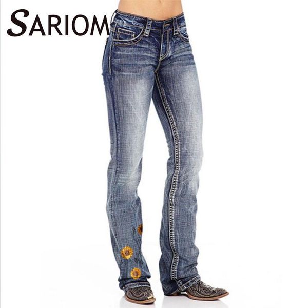 

women's jeans flower embroidery plus size washed cotton aesthetic denim pants capris ladies fashion long joggers streetwear trousers, Blue