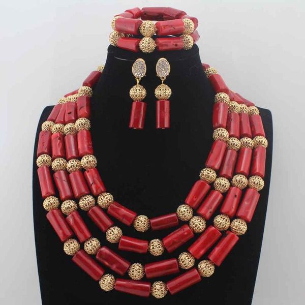 

earrings & necklace gorgeous 4layer red coral beads costume traditional nigerian wedding african jewelry set hd8874, Silver
