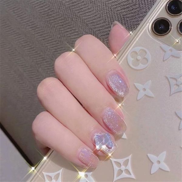 

false nails 24pcs aurora white butterfly glitter cat eye potherapy nail patch wearable fake short wedding, Red;gold