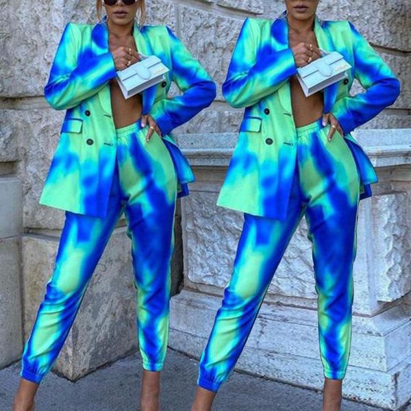 

women's two piece pants european and american autumn 2021 tie-dye long-sleeved fashion suit waist coat two-piece, White