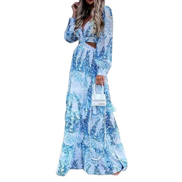 

maternity dresses women's printed dress long sleeve big swing commuter high waist gown ruffle, White