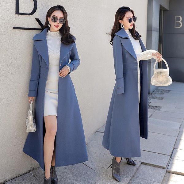 

women's wool & blends 2021 fall/winter style over-the-knee large-length windbreaker coat large lapel slim slimming women, Black