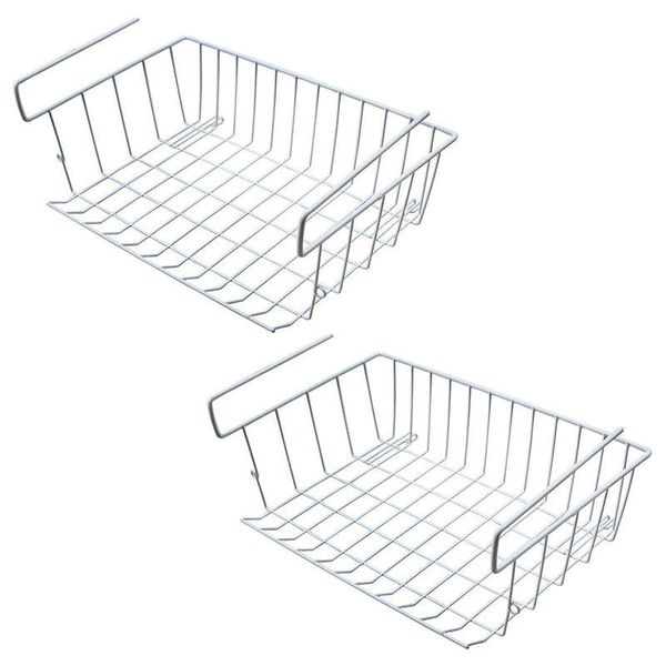 

hanging baskets under shelf storage basket, 2 pcs cabinet wire basket organizer fit dual hooks for kitchen pantry desk bookshelf