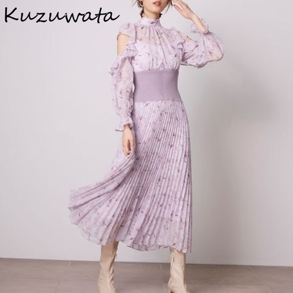 

kuzuwata autumn vestidos stand collar off shoulder flying sleeves threaded slim waist pleated print dresses sweet women robe 220308, Black;gray