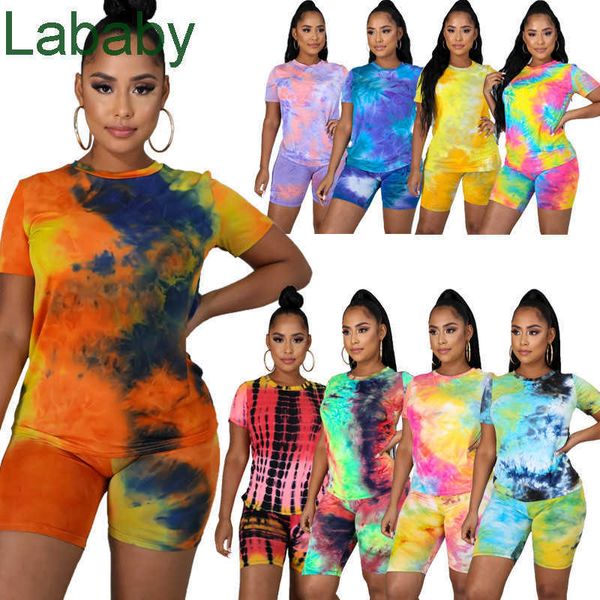 

women tracksuits two pieces set designer round neck tie-dyed pullover short sleeved t-shirts shorts casual gradient outfits sportwear s-5xl, Gray