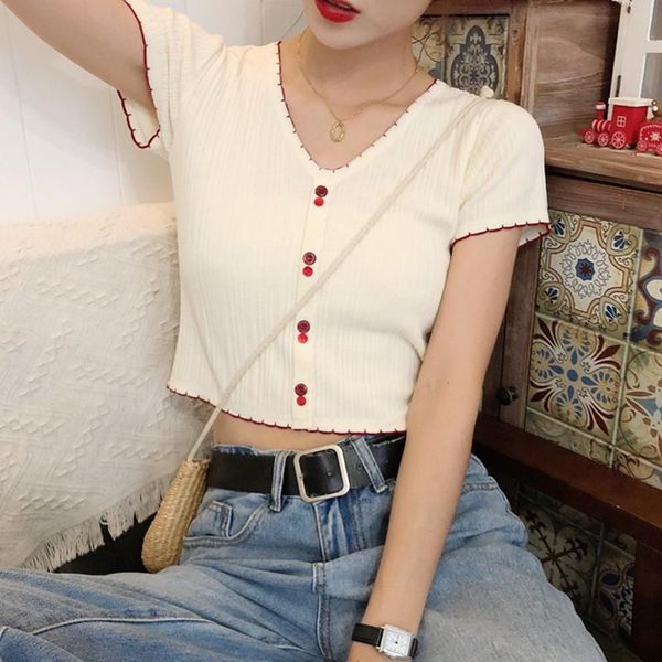 

women's t-shirt 2021 summer girls v-neck tshirt solid color short sleeve knitted preppy style slim tee, White