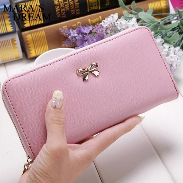

wallets cards holder wallet ladies cute bowknot women long pure color clutch bag 2021 pu leather purse phone card, Red;black