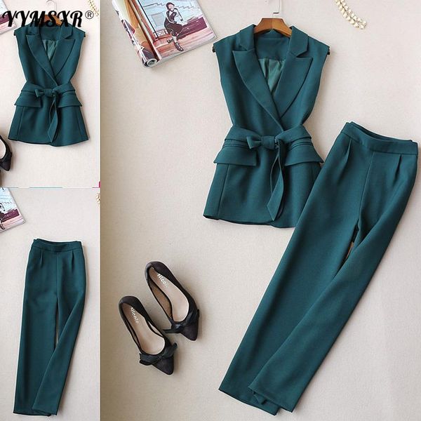 

women's two piece pants professional sleeveless suit fall slim fit ladies blazer temperament wide leg trousers two-piece 2021, White