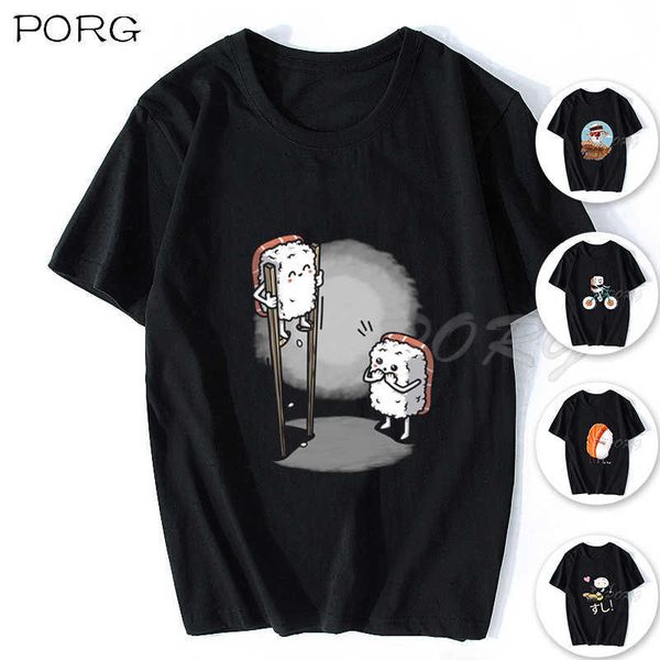 T-shirt da uomo / donna in stile giapponese Kawaii Sushi T-shirt stampata da cartone animato Harajuku T-shirt oversize in cotone 100% streetwear 210629