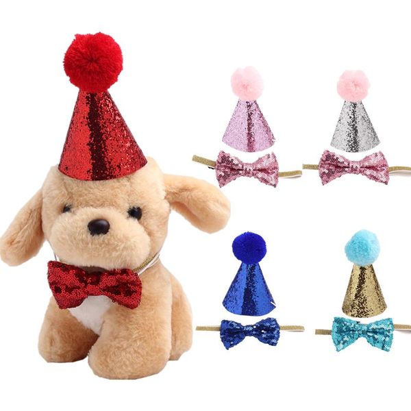 

dog apparel 2pcs/set sequin cap tie set for party decor sparkling headwear with bowknot terrier yorkshire shiny pets grooming supplies