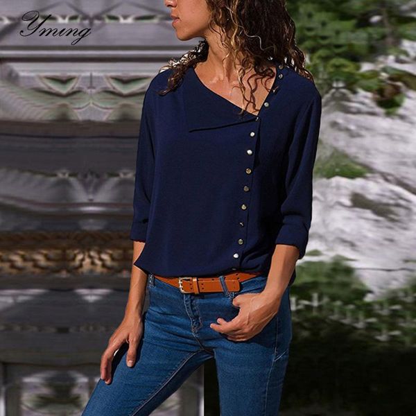 

yming women's fall fashion button irregular oblique collar long sleeve blouse solid color single-breasted ladies blouse, White
