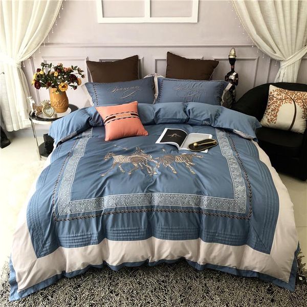 

bedding sets luxury european style horse embroidery 60s egyptian cotton blue gray set duvet cover bed pillowcases sheet linen