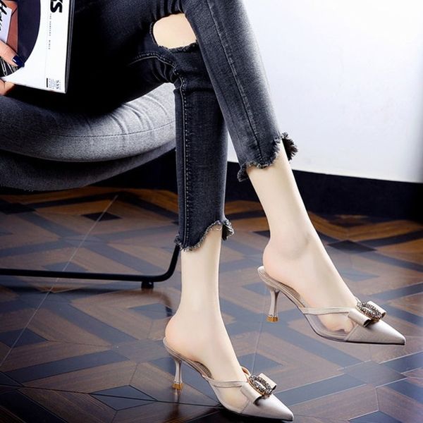 

2021 summer fashion wild pointed shoes female casual comfortable rhinestone square buckle large size sandals woman sandals, Black