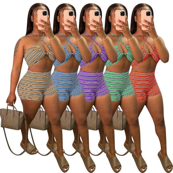 

women's tracksuits ribbed stripe tube shorts set 2021 summer tight pants sets halter soft crop off shoulder lady snug two piece sui, Gray