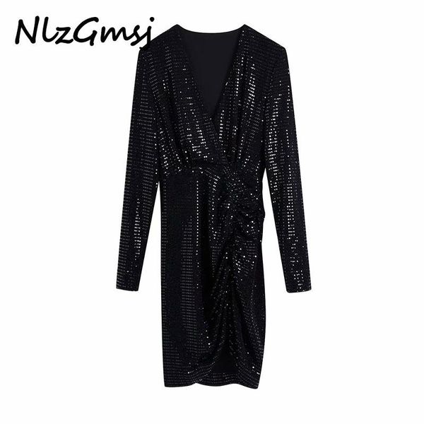 

nlzgmsj black draped glitter dress women v neck long sleeve ruched shein mini dresses ladies vintage slim party dress, Black;gray