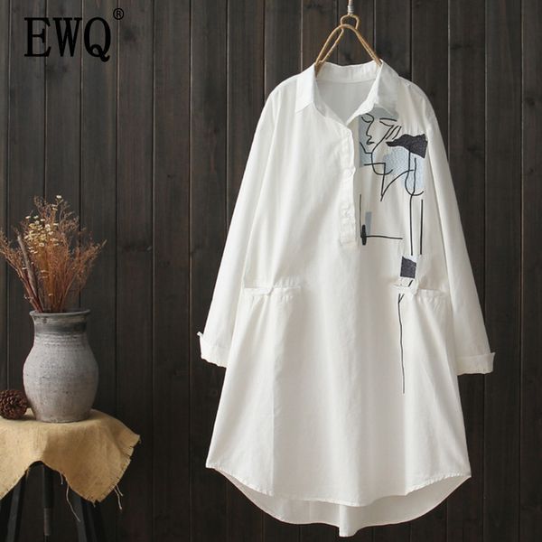 

[ewq] 2021 spring embroidered long-sleeved lapel single-breasted shirt loose fashion trend women all-match summer blouse qf784 210303, White