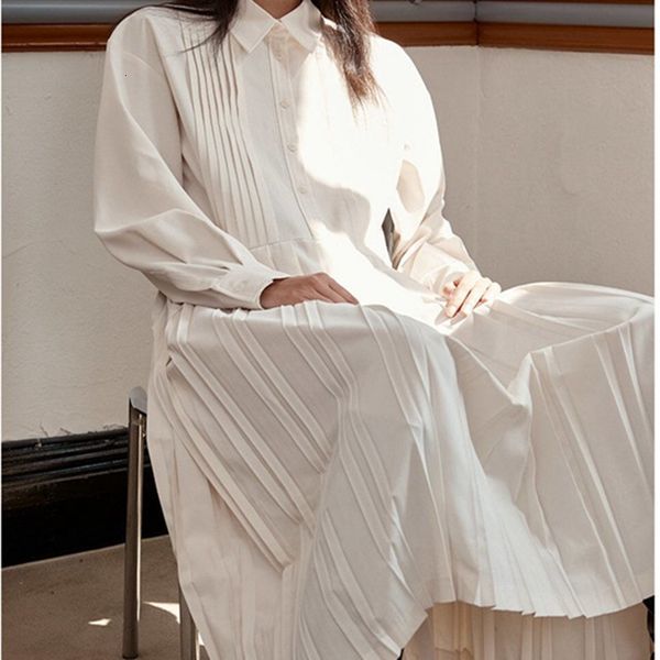 

2021 new women pleated midi shirt early spring office wear ladies turn-down collar long es with buttons dv4k, Black;gray