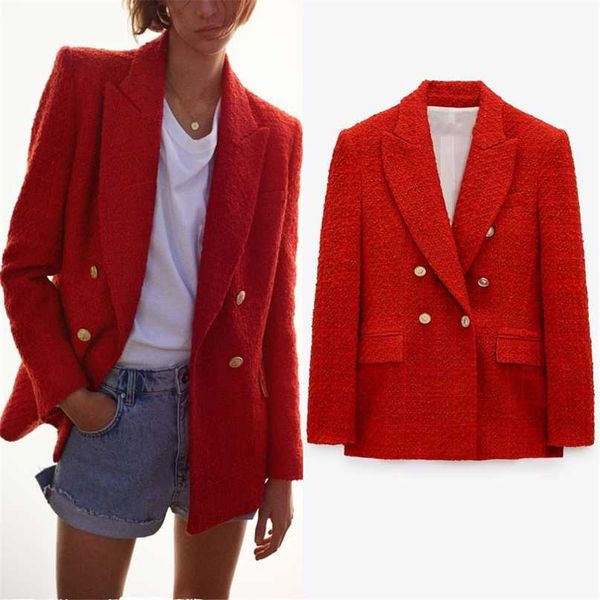 

summer red testured double breasted blazer za vintage lapel pronounced shoulders blazer casual pocket woman 211006, White;black