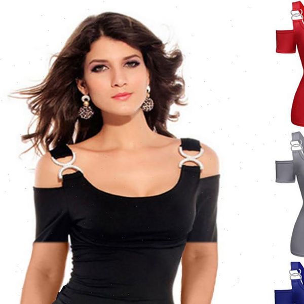 

off shoulder women metallic buckle shoulder strap clothes females short sleeves blouse ladies summer shirt roupas mujer, White