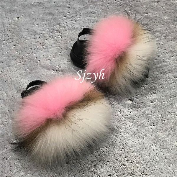 

slipper summer kids fur shoes cute strap fluffy raccoon slippers children' furry flip flops girl' plush sandals slides, Black;grey
