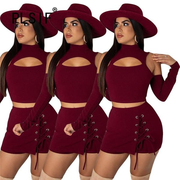 

women's tracksuits women long sleeve high collar hollow jacket elastic waist skirt street fashion shorts set autumn, Gray