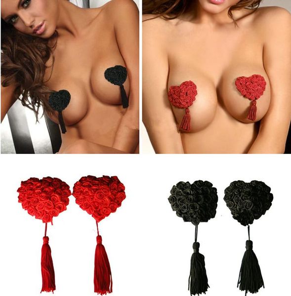 

toys candiway rose heart-shaped reusable self-adhesive nipple sticker with tassel cover breast for women