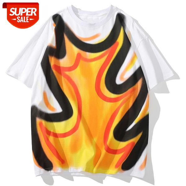 

2021 spring summer hip-hop punk streetwear men's tshirt harajuku cartoon flame print loose short sleeve t-shirt men #ax6t, White;black