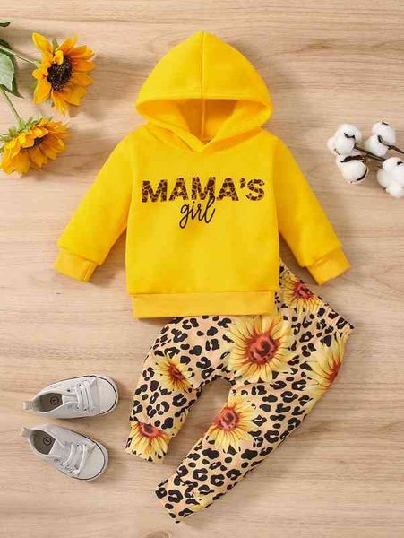 

baby letter graphic hoodie with leopard pants she, Blue