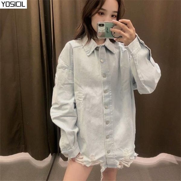 

yosicil women solid denim jacket coats retro hole ripped boyfriend coat batwing long sleeve oversized jacket autumn spring 2021, Black;brown