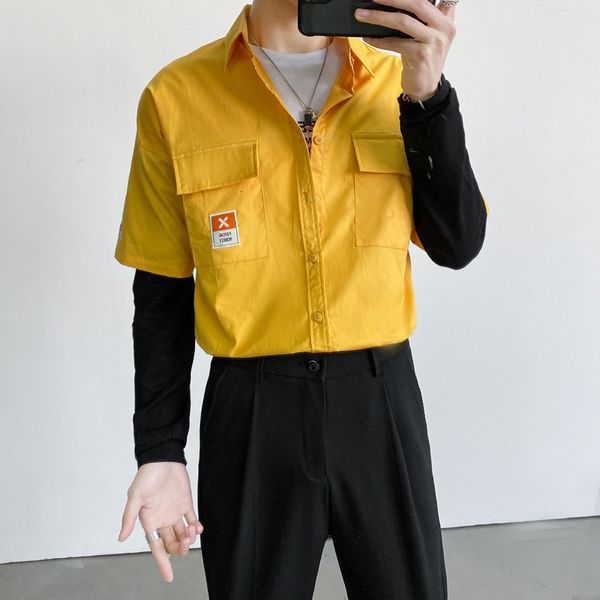 

mode 2021 new fake-2pieces loose shirts men's clothing long sleeve plain front pockets casual blouse homme streetwear 4 colors 29d9, White;black