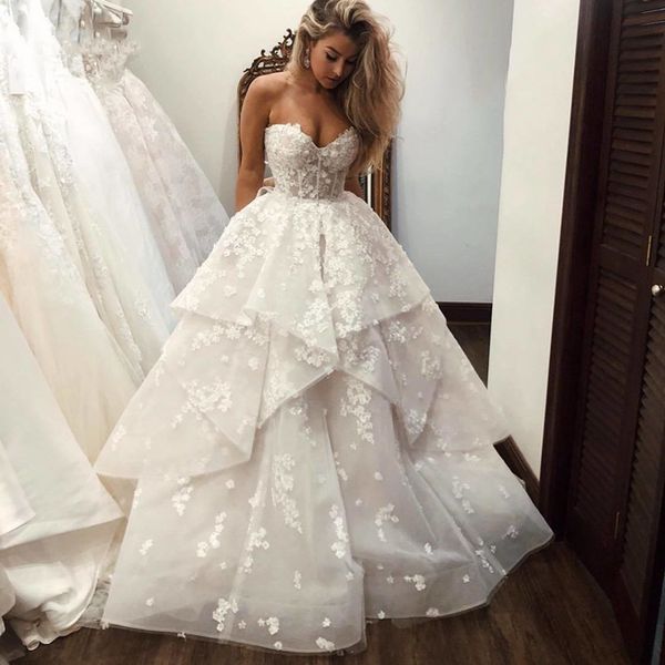 

cutsom made strapless a line lace wedding dresses appliqued tiered sweetheart corset back plus size bridal gowns, White