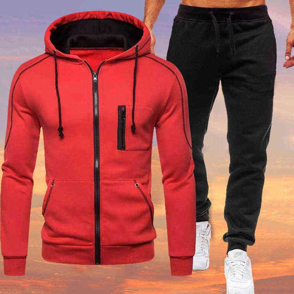 

spring autumn men's sweatshirt set hooded jacket+drawstring sweatpants fleece zipper casual fashion trend male tracksuit -3xl g1209, Gray