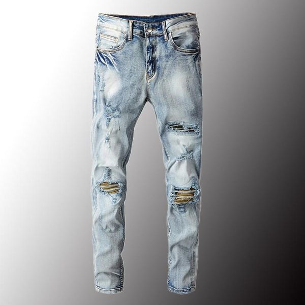 

men's jeans ripped biker streetwear holes patchwork slim skinny stretch denim pencil pants trousers plus size 40, Blue