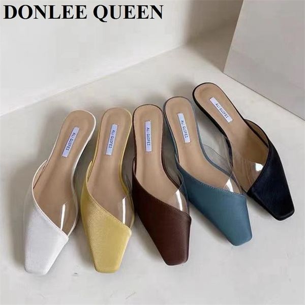 

summer shoe pointed toe slippers kitten heel sandal transparent solid mules slip on slides outdoor slipper mujer 210619, Black