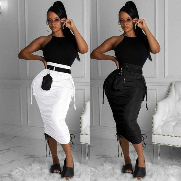 

skirts 2021 women high waist pocket side string draped bodycon midi for streetwear black white skirt plus size