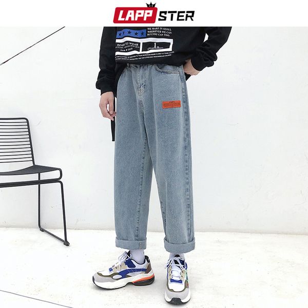 

korean men's blue jeans, harem, harajuku, straight, loose, belt, wide legs, 2021