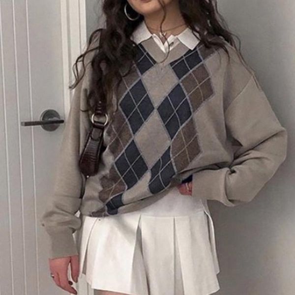 

korean women vintage preppy style v-neck sweater contrast color argyle plaid pullover long sleeve casual loose knitted, White;black