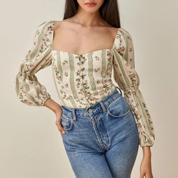

women's blouses & shirts floral print women square neck front buttons fitted vintage elegant blouse double puff long sleeve ladies chif, White