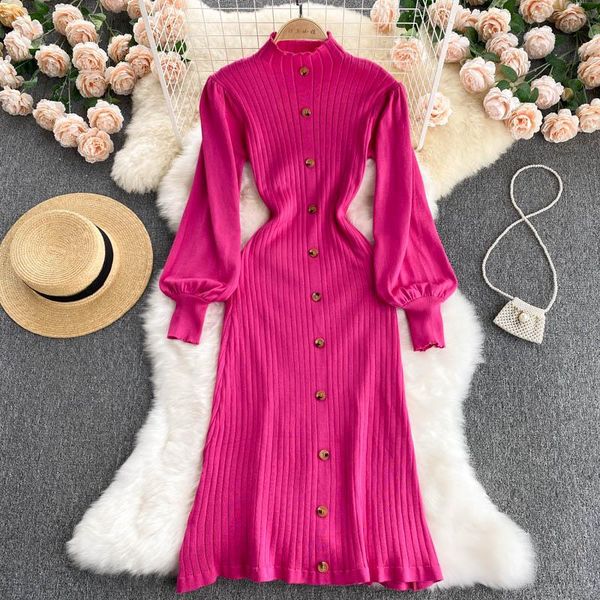 

casual dresses korean style women knitted dress stand collar puff sleeve elastic a-line 2021 autumn fashion streetwear sweater, Black;gray