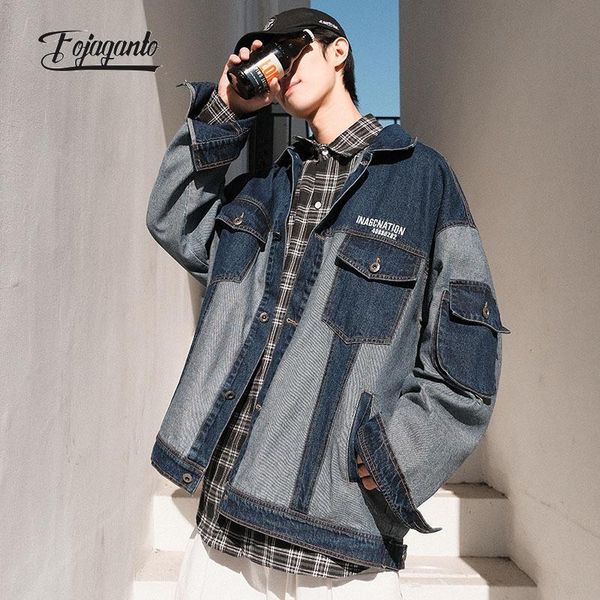 

men's jackets fojaganto autumn men's fashion denim jacket korean color-match turn down collar all-match casual street male, Black;brown