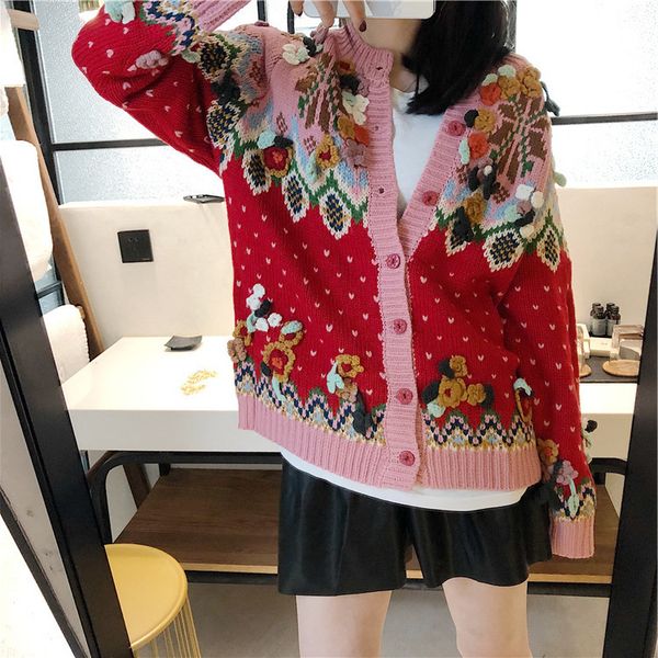

2020 spring and autumn forest department girl's heart sweater women wear round neck three-dimensional hook flower embroidery knitted, White;black