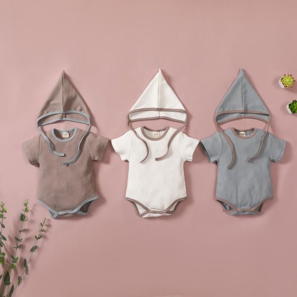 

rompers 2021 baby summer clothing girls boys solid ribbed bodysuit romper+hat sets 2pcs set toddler born outfits, Blue